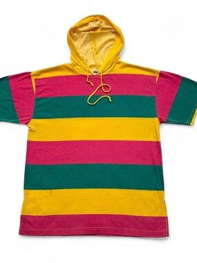 Vintage 1990s Gitano Bright Striped Hoodie shirt in Yellow, Pink & Green L